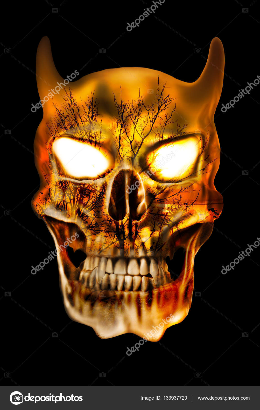Double Exposur Of Evil Skull Combined Silhouettes Woods