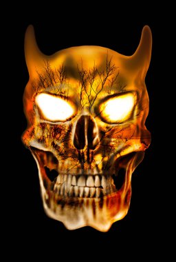 Kötü kafatası Çift Kişilik yakınlarında siluetleri Woods kombine. Siyah arka plan üzerine izole.