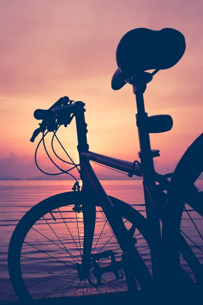 Silhouette of bicycle on the beach against colorful sunset in the sea — Stock Photo, Image