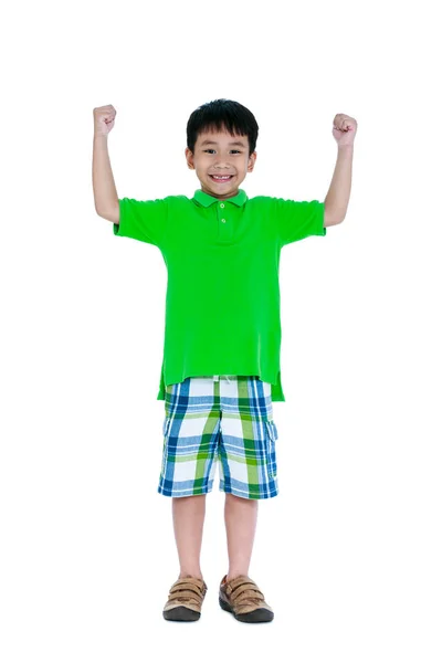 Silny i pewny siebie dziecko. Szczęśliwe dziecko azjatyckiej uśmiechający się i podnoszenia rąk w górę. — Zdjęcie stockowe