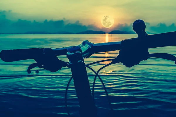 Bir parça Bisiklet gidon sahilde silüeti. Açık havada.