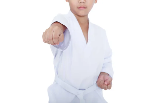 Asijské dítě sportovci bojového umění taekwondo školení, izolovaných na bílém pozadí. — Stock fotografie