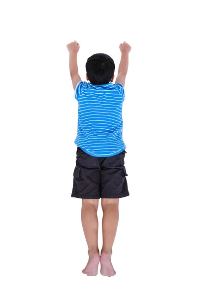 Top view of child look like flying superhero, isolated on white. — Stock Photo, Image