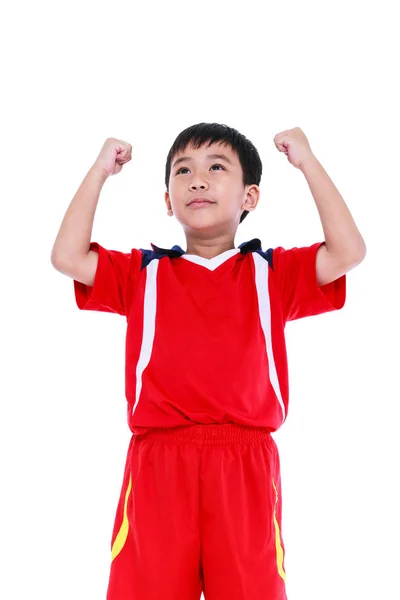 Aziatische voetbalspeler met arm omhoog gebaar. Actie van de winnaar of succesvolle mensen concept — Stockfoto