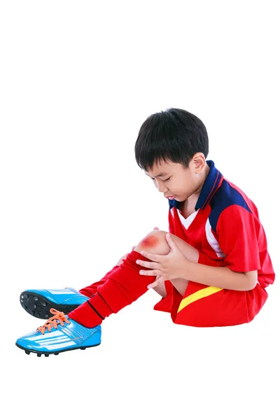 Youth asian soccer player with pain at knee. Full body. — Stock Photo, Image