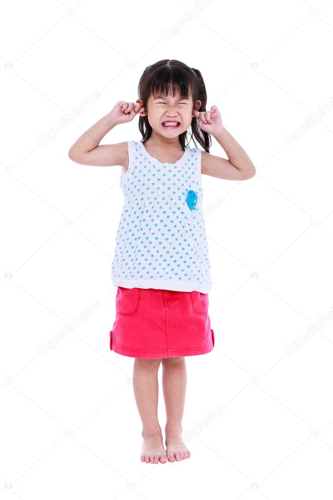 Full body of child putting finger on her ears. Isolated on white background.