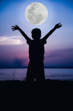 Riverside, manzarayı çocuk silüeti. Soğuk renkler 