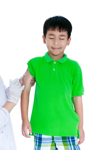 Asian illness boy get an injection, vaccination. Isolated on white background — Stock Photo, Image