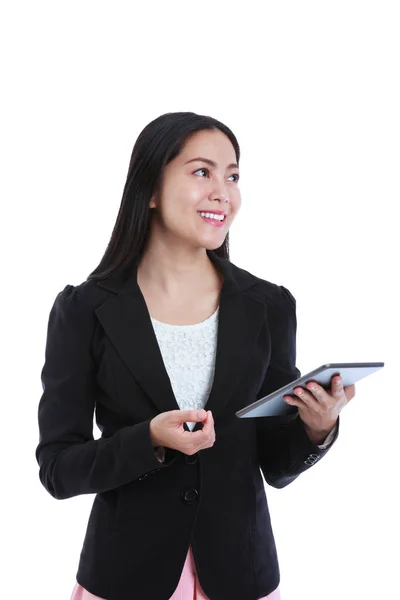 Asiatisk kvinna håller Tablet PC: n, på vit bakgrund. — Stockfoto