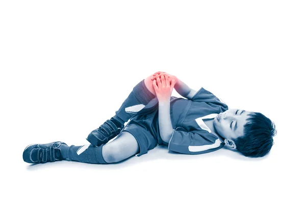 Full body of youth asian soccer player with painful at knee. — Stock Photo, Image