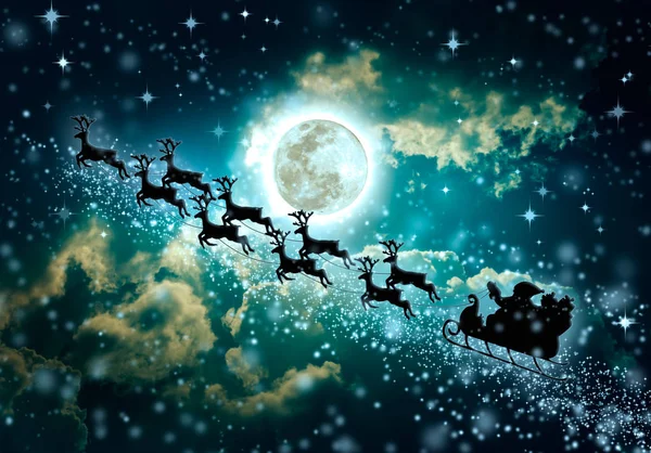 Christmas green background. Silhouette of Santa Claus flying on a sleigh pulled by reindeer. — Stock Photo, Image