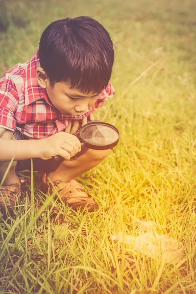 Niño explorando la naturaleza con lupa. Al aire libre durante el día. Concepto educativo . —  Fotos de Stock