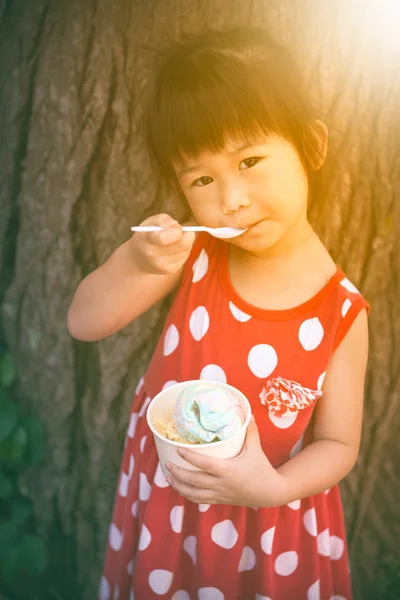 Ragazza asiatica mangiare gelato nel giorno d'estate. All'aperto. Tono caldo . — Foto Stock