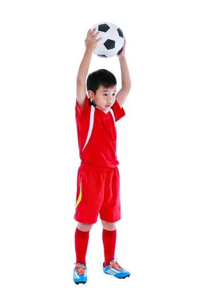サッカー ボールで若いアジア サッカー選手。スタジオ撮影. — ストック写真