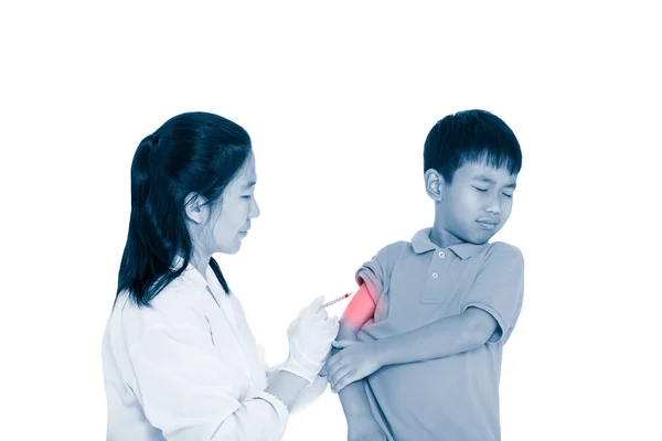 Doctor vaccinating boy's arm. Asian boy worry about vaccine syringe. Isolated on white — Stock Photo, Image