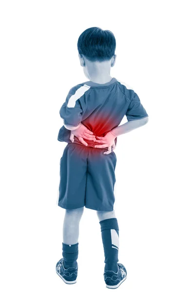 Dolor de espalda. Niño frotando los músculos de su espalda baja. Aislado sobre fondo blanco . — Foto de Stock