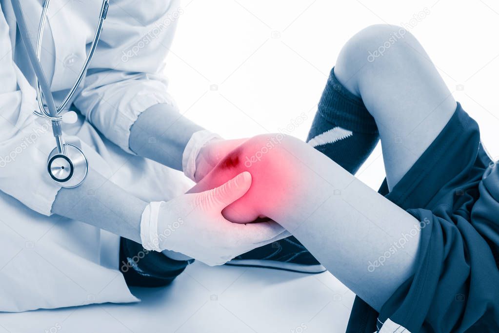 Youth soccer player knee pain, on white background. 