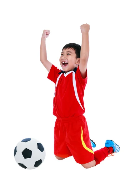 Aziatische voetbalspeler met arm omhoog gebaar. Actie van winnaar of succesvol. — Stockfoto