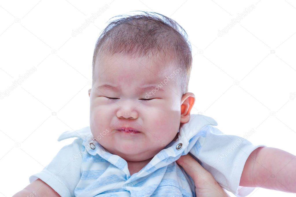 Closeup asian baby crying. Sad baby girl on white background. 