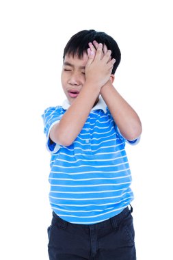 Asian handsome boy have a headache. Isolated on white background clipart
