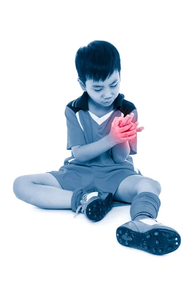 Youth asian soccer player with pain at hand. Full body. — Stock Photo, Image