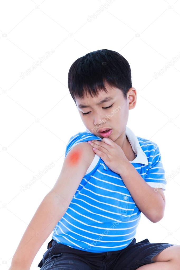 Closeup of asian child injured at shoulder. Isolated on white ba