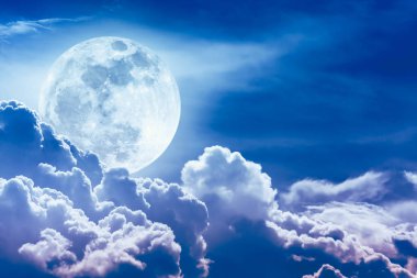 Nighttime sky with clouds and bright full moon with shiny.   clipart