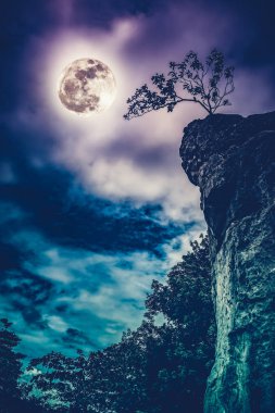Boulders against sky with cloudy and beautiful full moon. Cross process. clipart