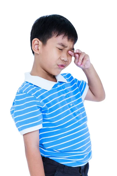 Ból oczu. Azjatycka dzieci cierpiących zmęczenie oczu. Na białym tle. — Zdjęcie stockowe