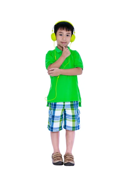 Happy asian child with headphones, Isolated on white background. — Stock Photo, Image