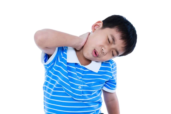Asian handsome boy have a neck pain. Isolated on white background — Stock Photo, Image