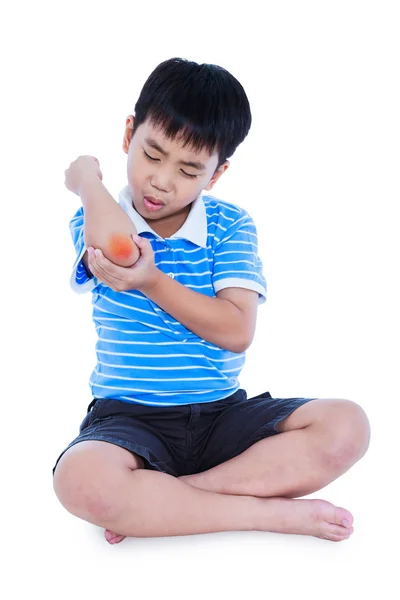 Full body of asian child injured at elbow. Isolated on white background — Stock Photo, Image