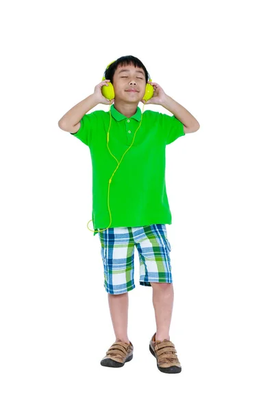 Happy asian child with headphones, Isolated on white background. — Stock Photo, Image