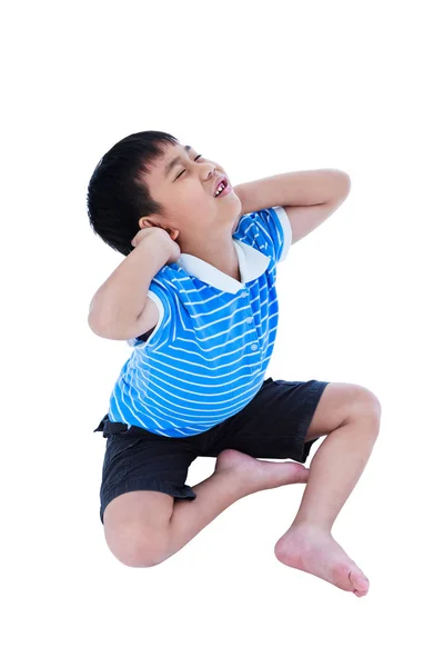 Asya yakışıklı çocuk boyun ağrısı var. Beyaz arka plan üzerinde izole — Stok fotoğraf