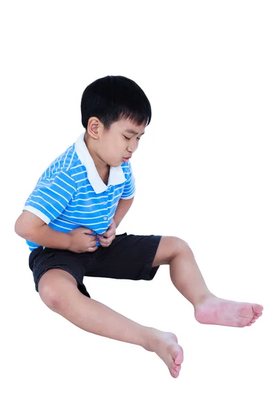 Asian child suffering from stomachache pain. Isolated on white background — Stock Photo, Image