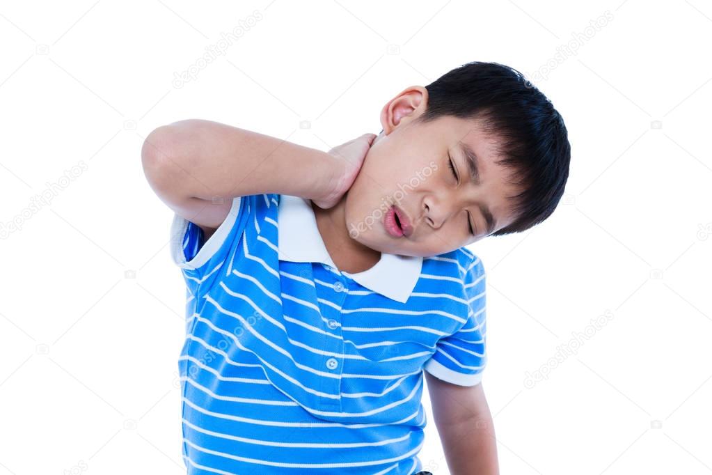 Asian handsome boy have a neck pain. Isolated on white background
