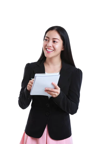 Affärskvinna talar med vissa kropp och hålla Obs papper, på vit bakgrund. — Stockfoto