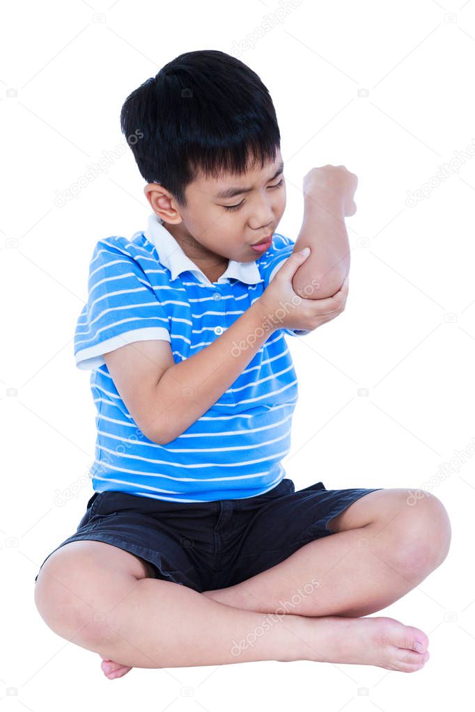 Full body of asian child injured at elbow. Isolated on white bac