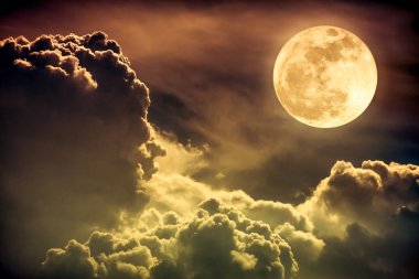 Nighttime sky with clouds and bright full moon with shiny. Sepia tone. clipart