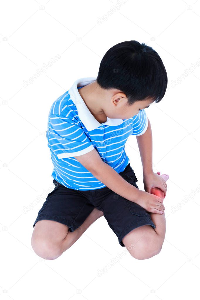Full body of child injured at heel. Isolated on white background