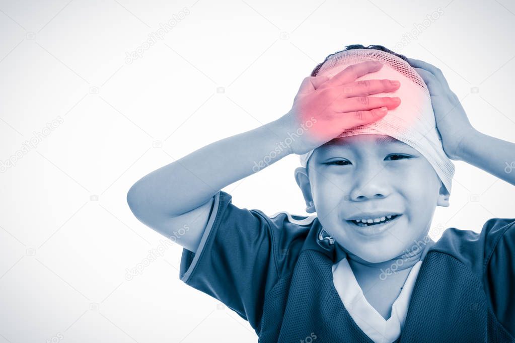 Sports injury. Asian child with trauma of the head painful crying.