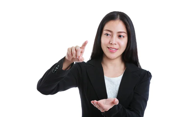 Affärskvinna pekar och visar något. Isolerad på vit — Stockfoto