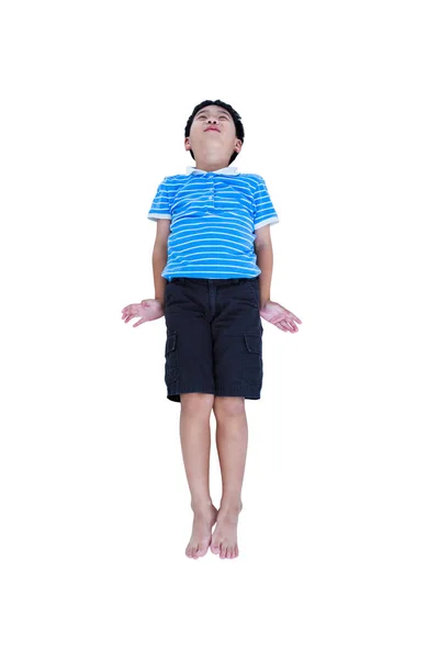 Happy asian child look like flying superhero, isolated on white. — Stock Photo, Image