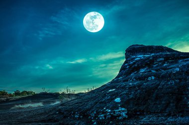 Landscape of rock against sky and full moon above wilderness area clipart