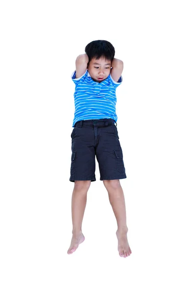 Ansicht von oben. Turnjunge macht Sit-Ups bei Studioaufnahmen. isoliert auf weißem Hintergrund. — Stockfoto