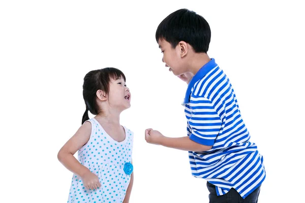 Quarreling conflict between the brother and sister. Isolated on white background. — Stock Photo, Image