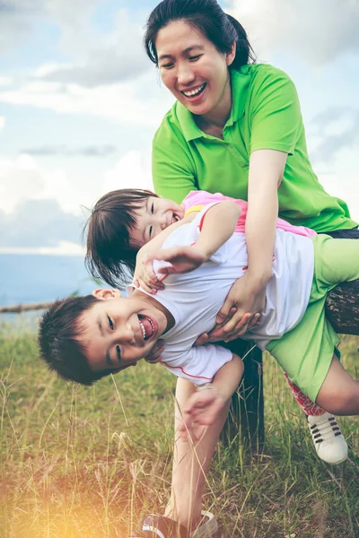 Family with children having fun in nature concept. Vintage tone. — Stock Photo, Image