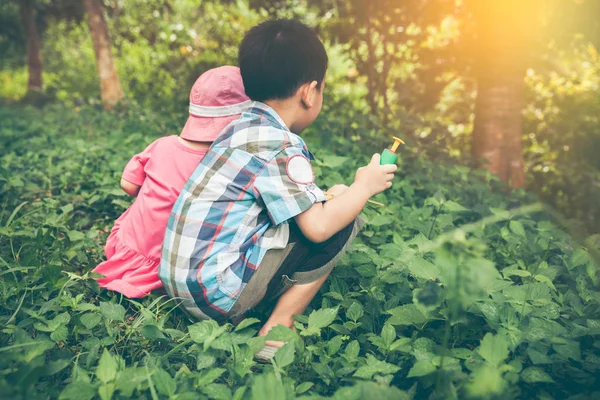 Hermano asiático jugando en el parque. Niños vacaciones relajantes . — Foto de Stock