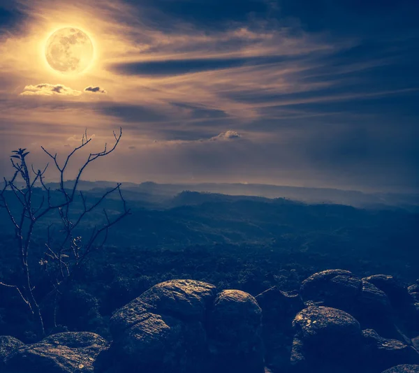 Пейзаж каменів на тлі блакитного неба і повного місяця над пустелею в лісі . — стокове фото