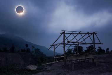 Bilimsel doğal olay. Elmas yüzük efektli mavi gökyüzünde parlayan güneş tutulması